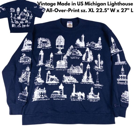 Vintage 90s Michigan Lighthouses AOP Crewneck Made USA Navy Sweatshirt XL - Picture 1 of 6